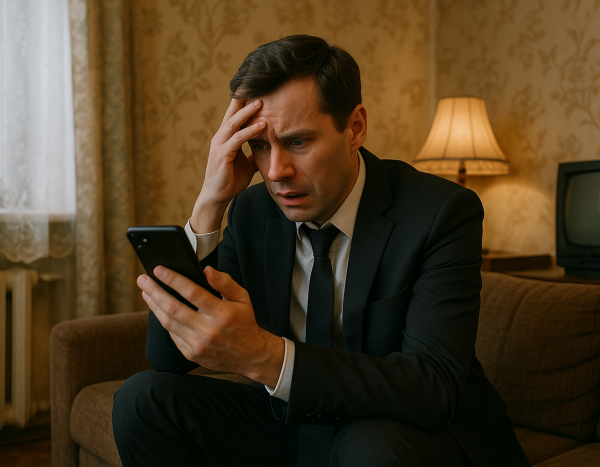 Бизнесмен читает негативные отзывы на смартфоне