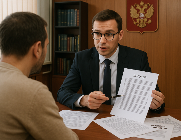 Юрист объясняет документы клиенту, типичный российский офис