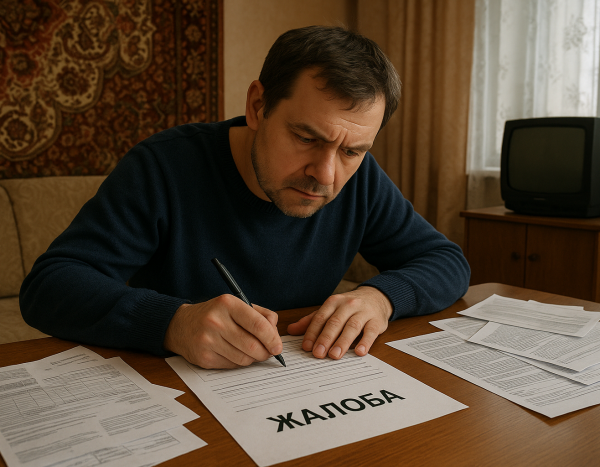 Человек заполняет жалобу дома, окружён документами