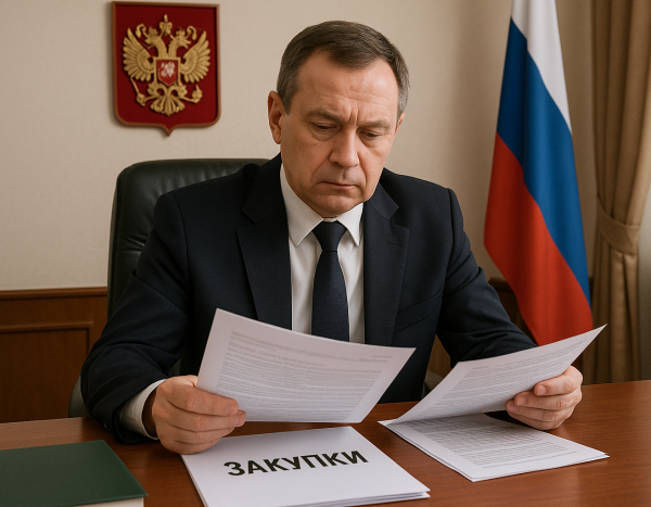 Госслужащий просматривает документы по закупкам на рабочем месте
