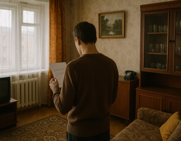 Человек читает письмо от юриста в интерьере квартиры