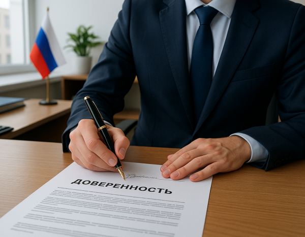 предприниматель подписывает доверенность в офисе