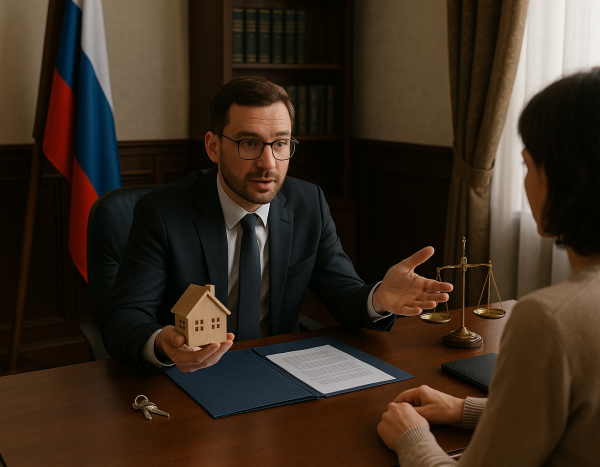 Юрист в российском офисе объясняет клиенту имущественные права