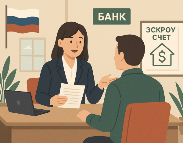 Банковский служащий объясняет клиенту преимущества эскроу-счета