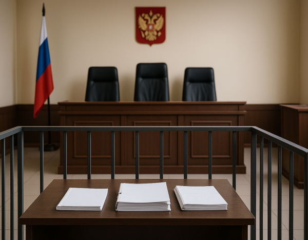 Пустая скамья подсудимого и юридические документы в зале суда.