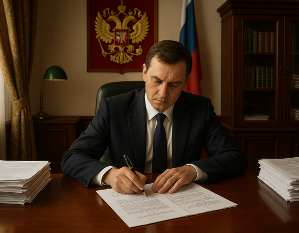 человек подписывает документы в российском офисе